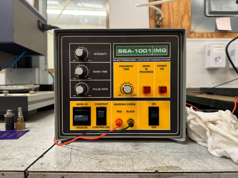 IMG Electromark SSA-1001 Automated Marking System - Pneumatic time control, intensity, mark time, and pulse rate dials for high volume automated production